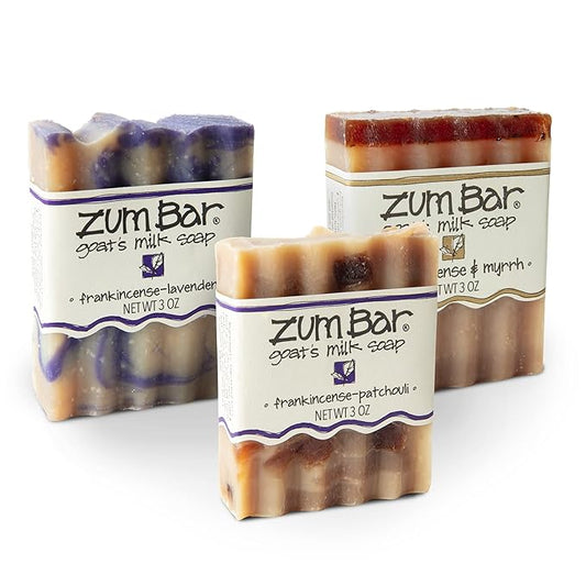 Zum Bar Goat's Milk Soap - Frankincense & Myrrh, Frankincense-Patchouli & Lavender - 3 oz (3 Pack)