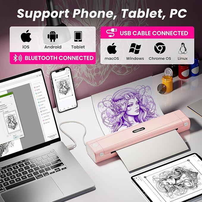 2025 New Version Tattoo Stencil Printer with 10pcs Transfer Paper, Wireless Thermal Tattoo Transfer Printer, Bluetooth Portable Tattoo Machine Compatible with Smartphone & Pad, Pink