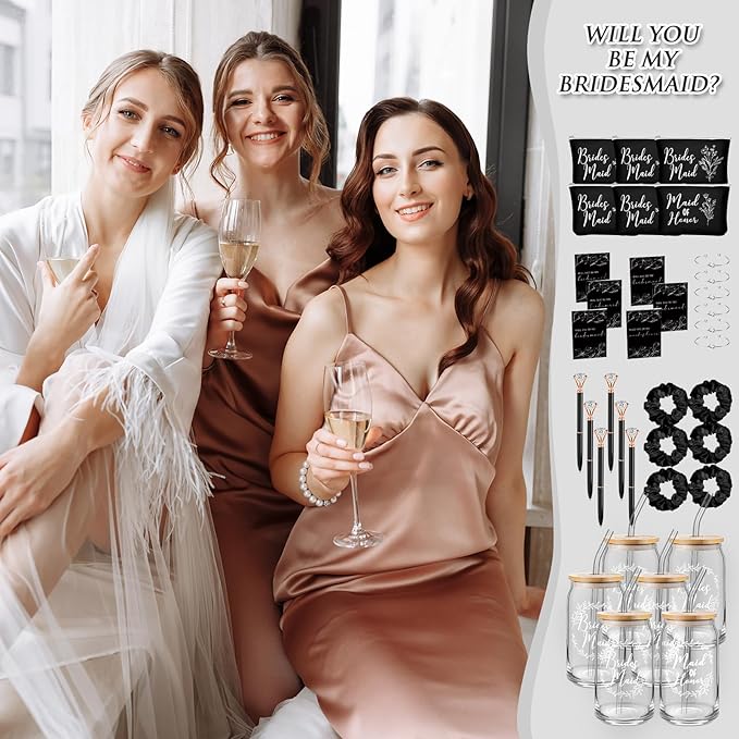 Irenare 36 Pcs Bridesmaid Proposal Gifts Bridal Shower Gifts 16 oz Glass Cup Cosmetic Makeup Bags Invited Cards Scrunchies Hair Knotted Bracelets Diamond Pens Favors for Wedding (Black)