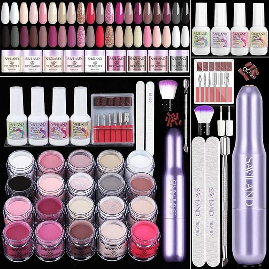 SAVILAND Advanced Dip Powder Nail Kit with Nail Drill: 28 Days Long-lasting 20 Color Pink Nude Dip Nails Powder Starter Kit Dipping Powder Liquid Set Dip Base Top Activator Brush Saver French Nail Art