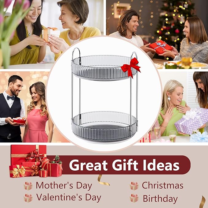 360° Rotating Makeup Organizer, Bathroom Make Up Spinning Holder Rack, Large Capacity Cosmetics Storage Vanity Shelf Countertop, Fits Cosmetics, Perfume, Skincare, Lipsticks(2 Tiers, Gray)