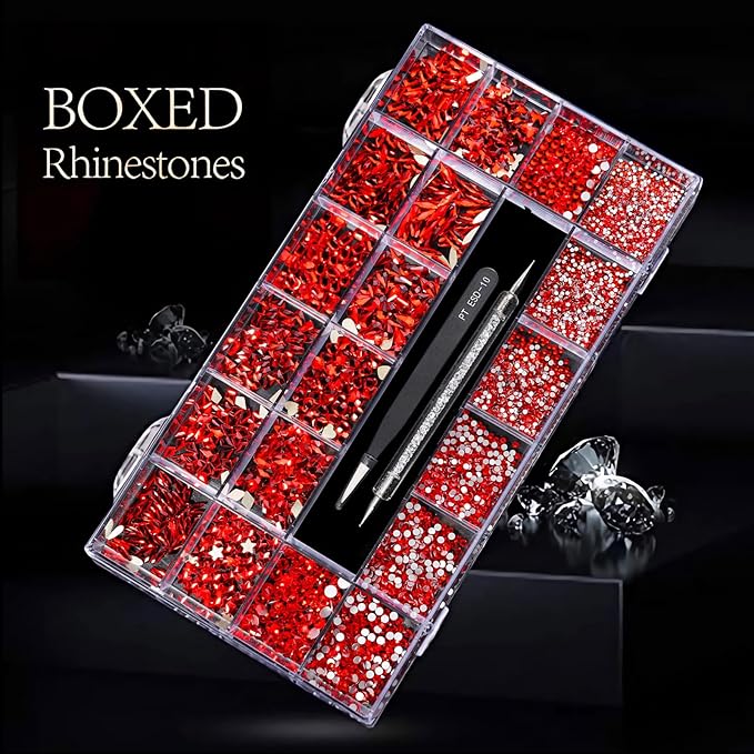 12 Types of Red 600 Diamonds + 2500 Flat Rhinestones Mix 20 Styles Flatback DIY Crafts Rhinestone Crystals 3D Decorations Flat Back Stones Set +Tweezers + Drill Pen