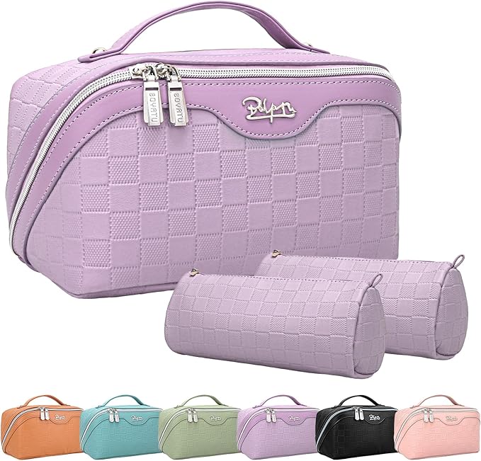 BOYATU Travel Makeup Bag Organizer Cosmetic Bag: 3 Pcs Set Make up Bags for Women with Handle - Waterproof Vegan Leather Toiletry Bags with Comparments (Purple)