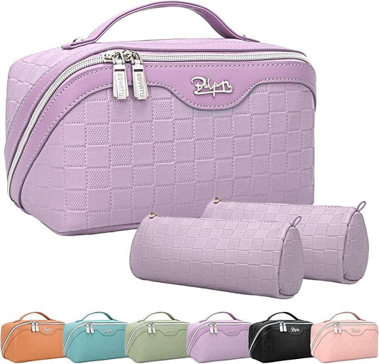 BOYATU Travel Makeup Bag Organizer Cosmetic Bag: 3 Pcs Set Make up Bags for Women with Handle - Waterproof Vegan Leather Toiletry Bags with Comparments (Purple)