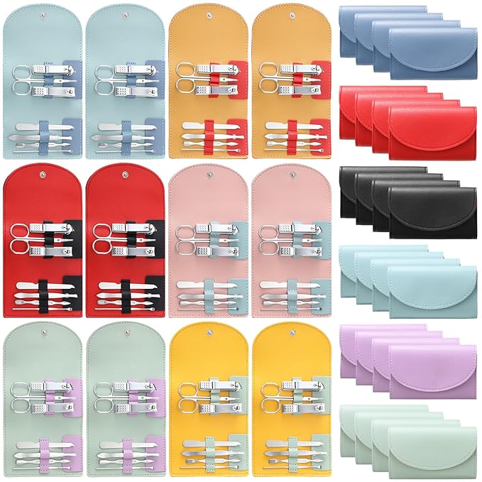 30 Set Manicure Kit Bulk Nail Clippers Kit 7 in 1 Mini Nail Clippers Stainless Steel Professional Nail Care Pedicure Kit with Travel Bag Grooming Kit for Valentine Women Men Home(Bright Color,Classic)
