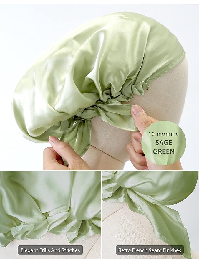 100% Silk Bonnet for Sleeping, Hair Bonnet with Tie Band, Large Silk Sleep Cap for Curly Hair, Silk Hair Wrap for Hair Care (Sage Green)