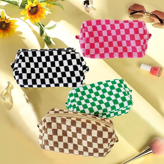 4 PCS Checkered Makeup Bag Cosmetic Bag for Women Checkered Pouch Plaid Makeup Bag for Women Large Capacity Pencil Case Makeup Brushes Storage Bag Travel Toiletry Bag Organizer