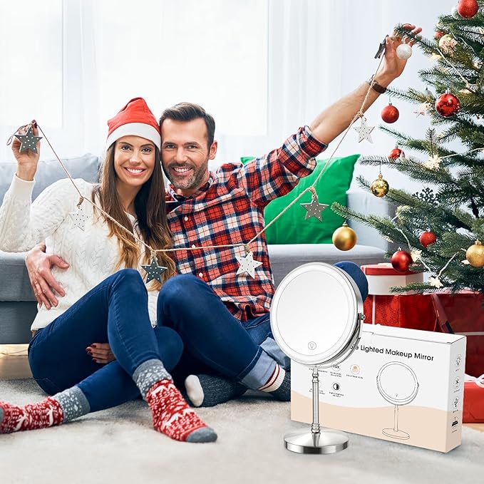 Lighted Makeup Mirror, 3000 mAh Rechargeable Double Sided Magnifying Vanity Mirror with 3 Colors, 1x/10x, 360° Rotation , Brightness Adjustable Magnification Cosmetic Light up Mirror, Women Gift