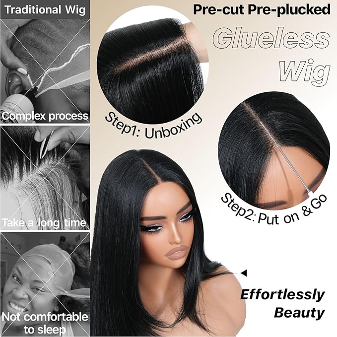 Black Wear and Go Glueless Wigs Pre Plucked Pre Cut for Beginners Long Layered Straight Synthetic Lace Front Wigs with bangs 26 Inch Natural 1B 3 Seconds to Wear for Beginners