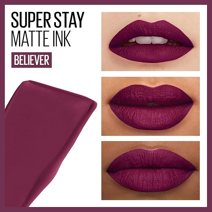Maybelline Super Stay Matte Ink Liquid Lipstick Makeup, Long Lasting High Impact Color, Up to 16H Wear, Believer, Deep Plum, 1 Count, Packaging May Vary
