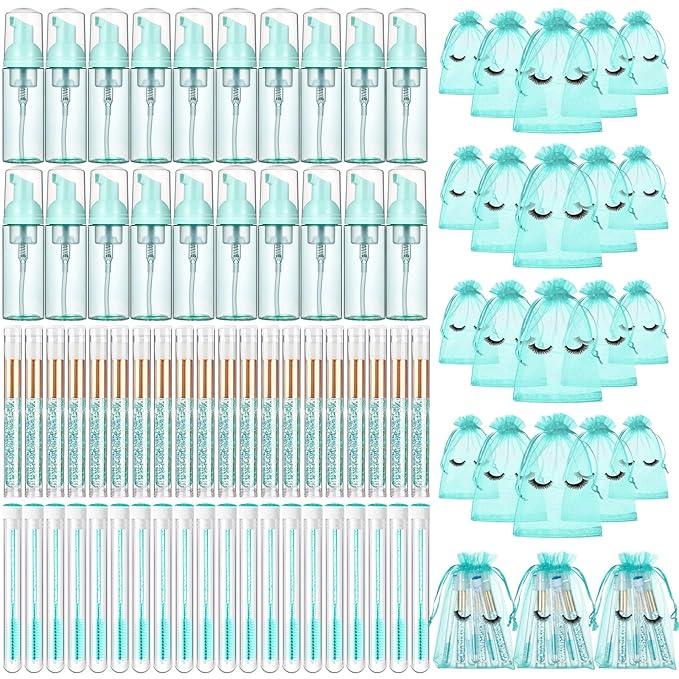 Zhehao 80 Pcs Lash Shampoo Bottle Brushes Kit 20 Foam Pump Dispensers 20 Lash Shampoo Brushes 20 Eyelash Aftercare Bag 20 Cleaning Pipes, Eyelash Extension Supplies(Green, Blue)