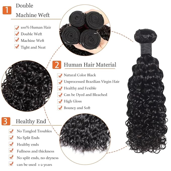 Water Wave Human Hair Bundles 12A Double Weft Deep Curly Wave Bundles 100% Unprocessed Brazilian Virgin Human Hair Natural Black Color Wet And Wavy Hair Extensions 16 18 20