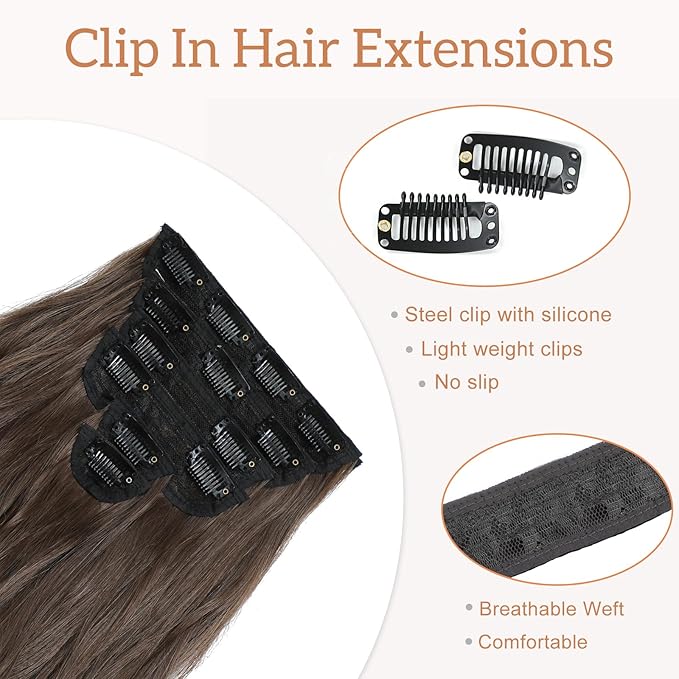Clip in Hair Extensions for Women - 20 Inch Long Wavy Brown Extensions, 6PCS Chestnut Hairpieces that Blend Naturally with Your Real Hair (20 Inch, Chestnut)