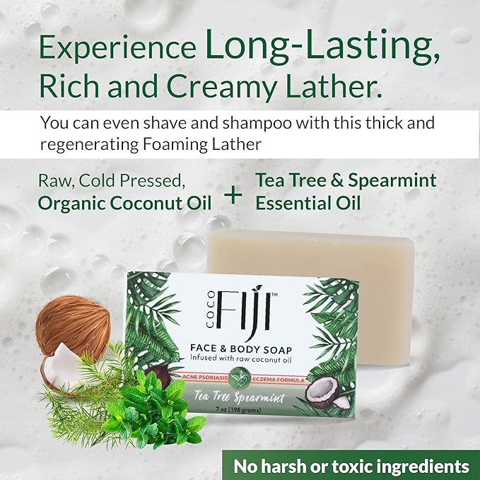 Coco Fiji Soap Bar for Face and Body Infused With Organic Coconut Oil, Tea Tree Spearmint, Essential Oil, Natural Soap for Moisturizing & Pore Purifying Skin, 7 oz,Pack of 2