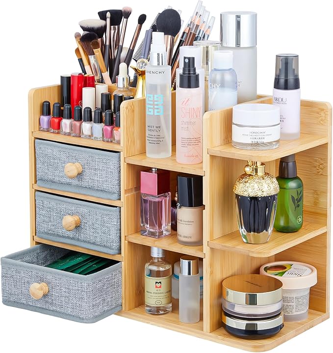 Makeup Organizer Countertop, Cosmetic Skincare Organizers With 3 Makeup Brush Holders/3 Drawers/7 Storage Shelves, Elegant Bamboo Make Up Storage Organizers Holder For Counter Vanity Dresser Bathroom
