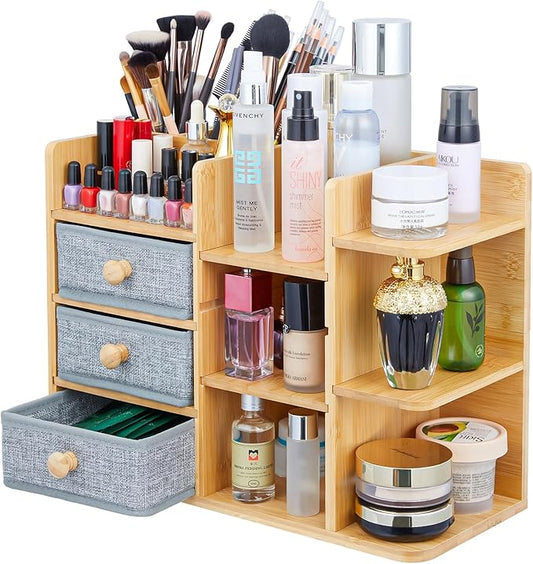 Makeup Organizer Countertop, Cosmetic Skincare Organizers With 3 Makeup Brush Holders/3 Drawers/7 Storage Shelves, Elegant Bamboo Make Up Storage Organizers Holder For Counter Vanity Dresser Bathroom