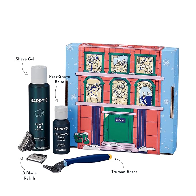 Harry's Holiday Shaving Gift Set for Men - Razor Handle, 3 Razor Blade Refills, Foaming Shave Gel, and Post-Shave Balm - Evening Blue