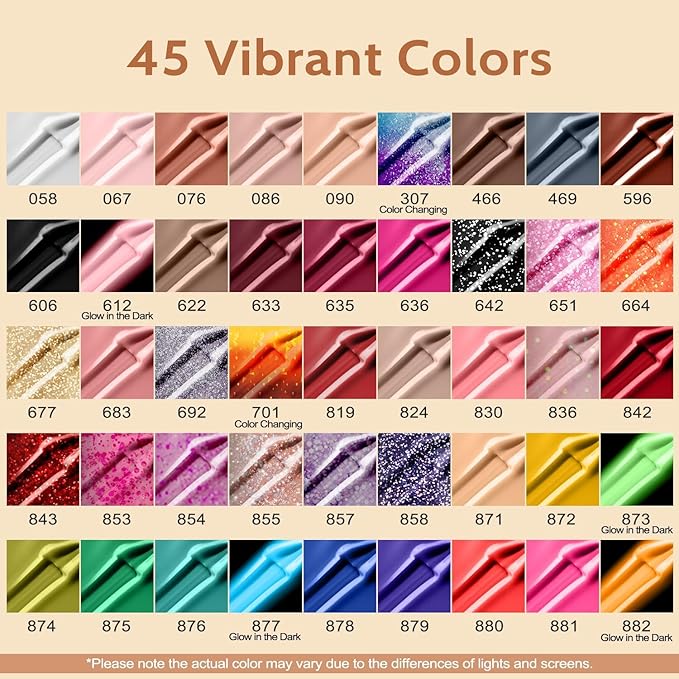 Lavender Violets 49 PCS Gel Nail Polish Set,45 Colors Summer Neon Glow in the Dark Effect with Nail Primer,Builder Base Coat,Glossy,Matte Top Coat Red Jelly Nude Glitter New Year Gifts for Women A950