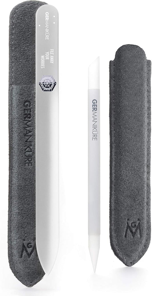GERMANIKURE 2 Pc Glass Bundle - Crystal Glass Cuticle Stick & File Away Your Worries Nail File in Suede Sleeves – Handmade in Czech Republic – Pro Manicure Supplies – Cuticle Pusher, Callous Remover
