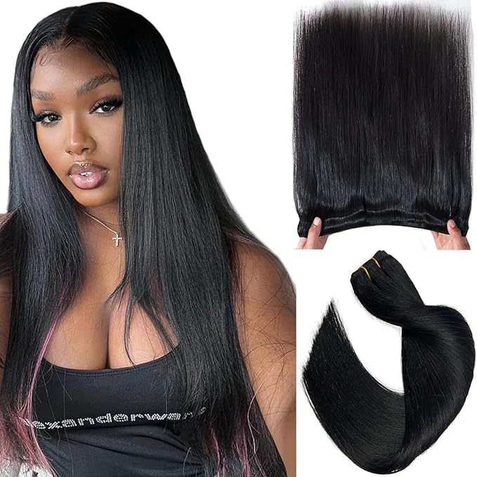 Sew in Hair Extensions Real Human Hair, 12Inch 80G Jet Black Hair Extensions Real Human Hair Bundles Sew in Weft Hair Extensions Human Hair Hand Tied Weft Hair Extensions for Women