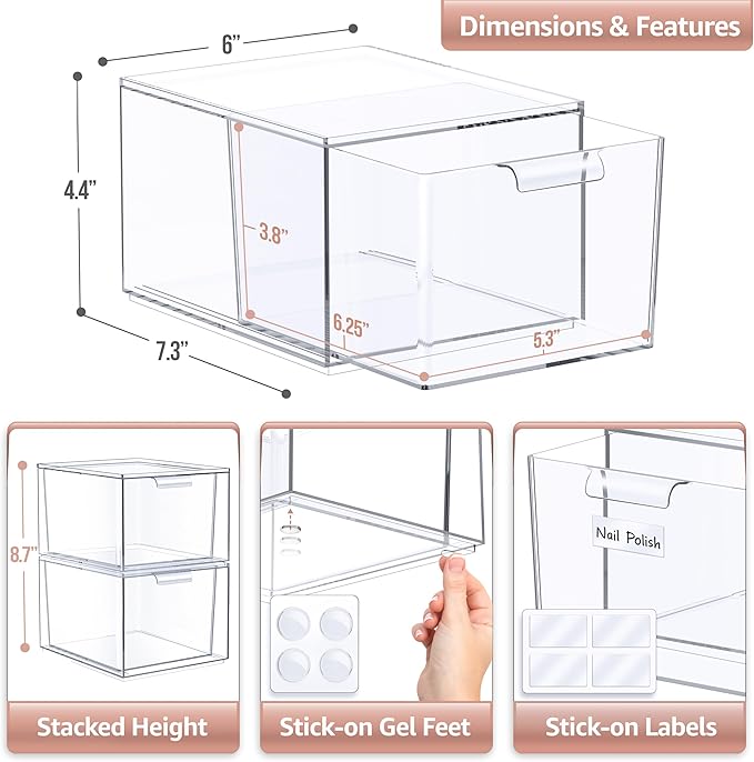 Sorbus Clear Stackable Storage Drawers - 1 Pack Acrylic Drawer Organizer for Vanity, Bathroom Makeup Organizer, Kitchen Cabinets, Undersink - Plastic Storage Bins for Home Organization and Storage