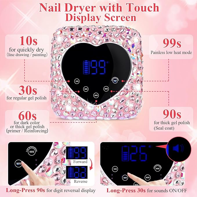 Cordless UV Led Nail Lamp, Diamond UV Nail Lamp for Gel Nails, Rechargeable Nail Dryer, Heart with 5 Timer and LCD Monitor, Professional for Valentines Day Gifts and Home Salon