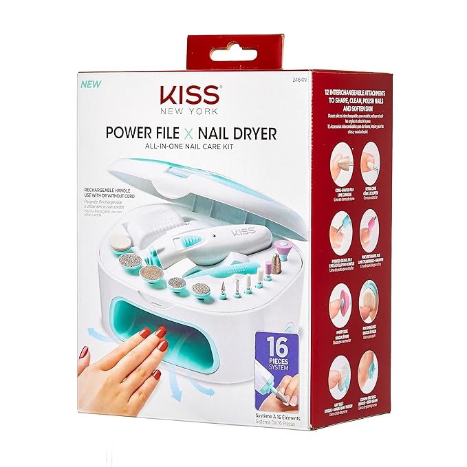KISS New York Power File X Nail Dryer, Electric Nail File & Nail Dryer System, Includes 12 Attachments, Rechargeable Handle, Cuticle Pusher, A/C Adapter, & Storage Case