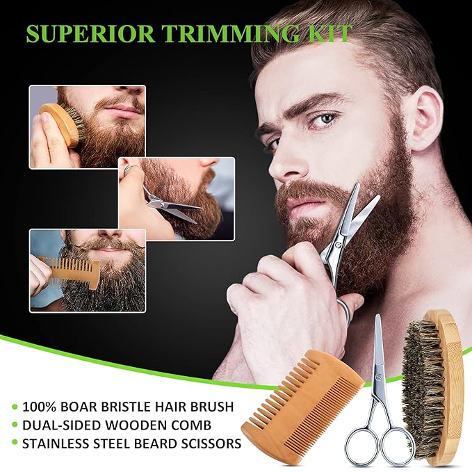 Beard Kit for Men with Beard Wash, Beard Conditioner, Beard Oil, Beard Balm, Brush, Comb, Scissors, Storage Bag, Gifts for Men Dad Husband Boyfriend
