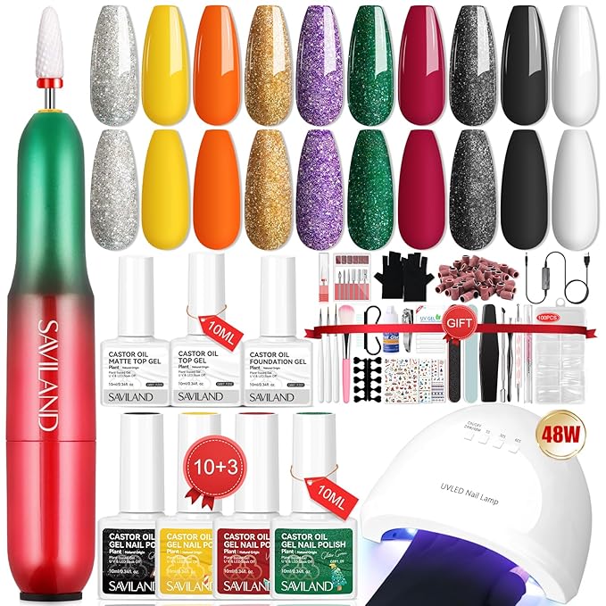 SAVILAND 47pcs Christmas Gel Nail Polish Kit with Electric Nail Drill: 10 Color 48W UV Nail Light UPF 200+ Gloves Base Top Gel Professional Tools Accosseries for Christmas Gift Nail Salon