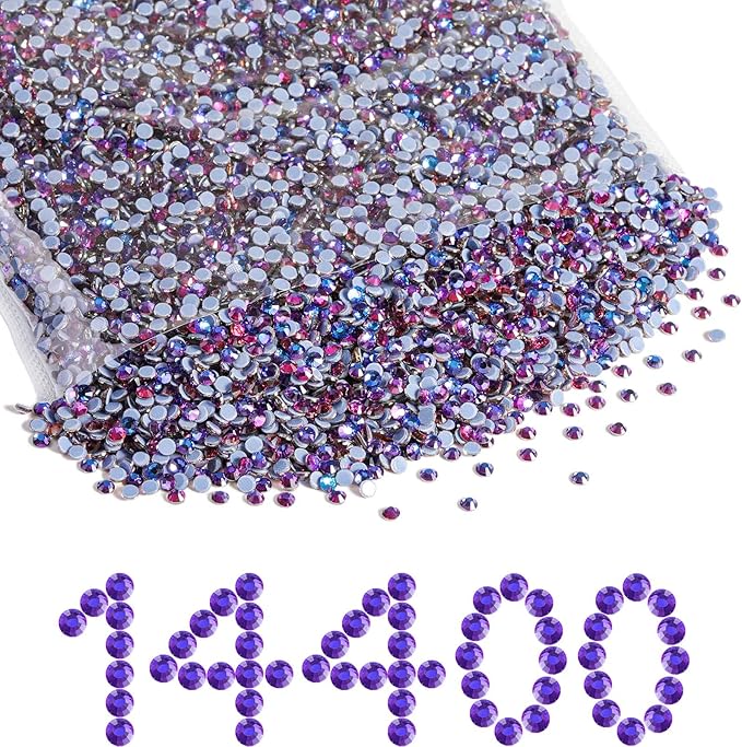 Beadsland Hotfix Rhinestones Bulk, 14400pcs Purple Hot Fix Rhinestones for Crafts Clothes DIY Decoration, Purple Velvet, SS10, 2.7-2.9mm