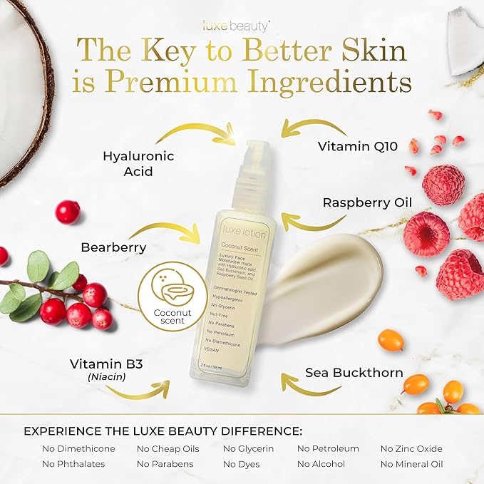 Luxe Beauty Non-Greasy Hyaluronic Acid Moisturizer – Coconut-Scented Lotion, Silicone-Free, No Fillers – With Organic and Plant-Based Ingredients - Anti-Aging Hydrating Facial Cream – Travel Size 2oz