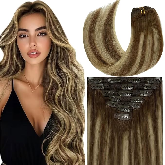 Loxxy Clip Hair Extensions Human Hair 16inch Ombre Hair Extensions Straight Chocolate Brown Mix Honey Blonde Remy Clip in Extension Human Hair Full Head for Beautiful Women Gift 120G 16clips