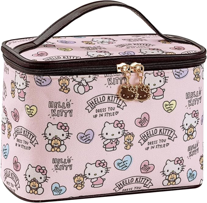 AmBealla Cosmetic Bag Large Makeup Bag Pink Makeup Travel Case with Brush Holder, Canvas Organizer for Women, Toiletry Bag for Skincare & Beauty Tools Sweet Cute for Girls