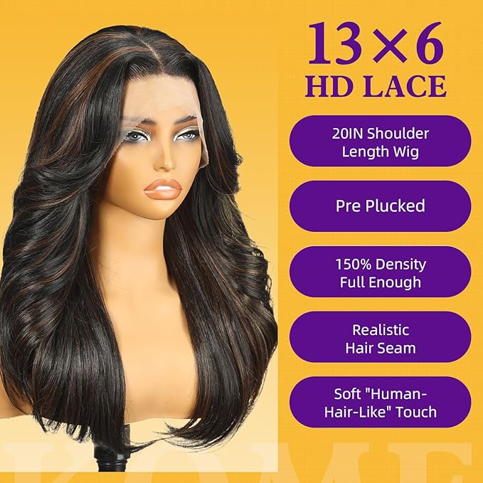 Black Brown Highlight Synthetic Lace Front Wig,13X6 HD Long Straight Glueless Wig for Women Daily Use 20IN（1B/30）