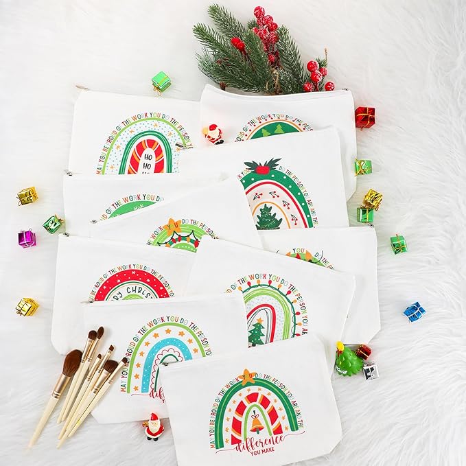 Sieral 30 Pcs Rainbow Canvas Makeup Bags Bulk Housekeeping Week Appreciation Gifts Inspirational Cosmetic Bags with Zipper Thank You Gifts for Teacher Employee Coworker Volunteer Nurse(Joyous)