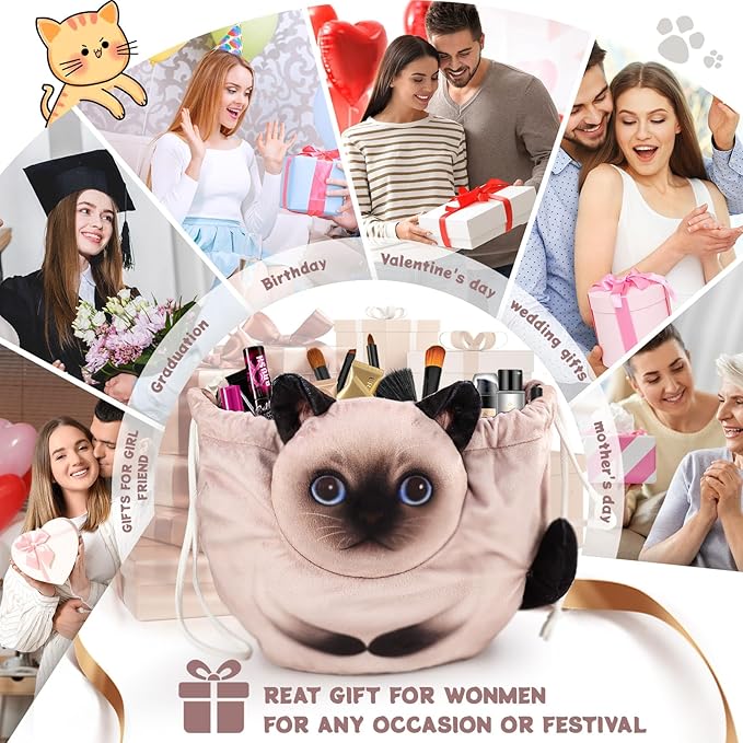 Drawstring Makeup Bag, Cat Makeup Bag, Travel Makeup Organizer, Cosmetic Pouch Bag, Cat Gift for Women, Lay Flat Makeup Bag Gifts for Cat Lovers