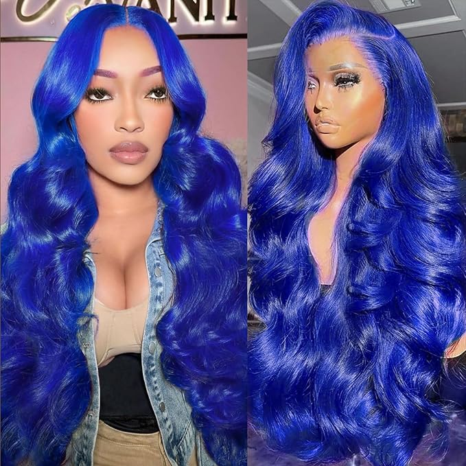 26 Inch Blue Wig Human Hair 200 Density Blue 13x4 Body Wave HD Lace Front Wigs Human Hair Pre Plucked Blue Human Hair Wig Color Human Hair Wig Blue Lace Frontal Wigs Human Hair Glueless Wig