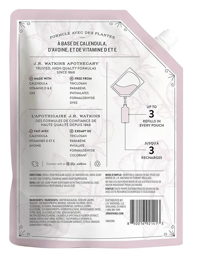 J.R. Watkins Rosewater Liquid Hand Soap Refill Pouch 1 L