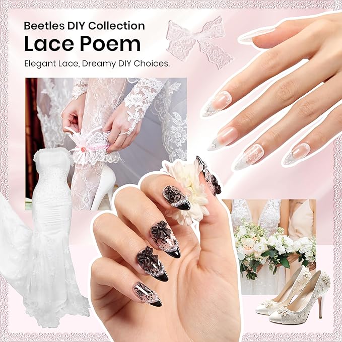 Beetles Christmas Gift Gel Nail Polish Set, Wedding Nail Lace Poem Beetles X DIY Nail Trend Kit with Bow Pearl Lace Transfer Stickers and Manicure Tools Gifts for Women