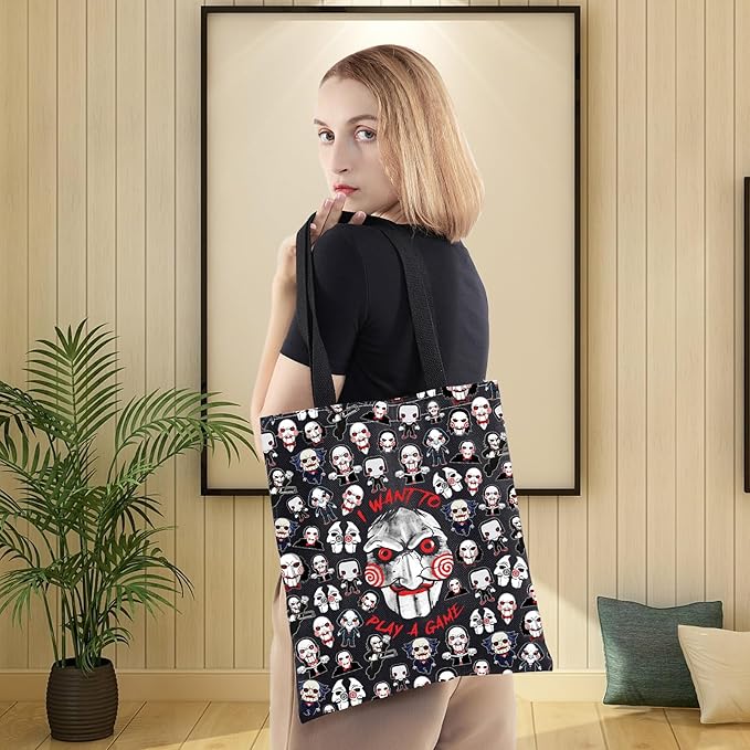 LEVLO Sadistic Thriller Tote Bag Horror Movie Fans Gift I Want To Play A GamePuzzle Horror Shoulder Bag Horror Movie Merch