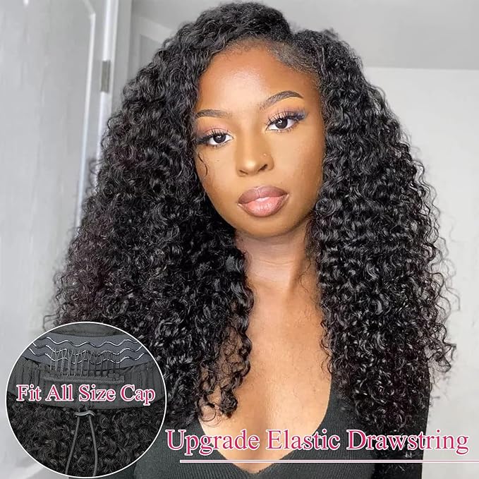 VShow Curly V Part Wig Human Hair Elastic Drawstring V Part Kinky Curly Glueless Wigs Human Hair Clip in Vpart Wig No Leave Out 180% Density Upgrade U Part Wig Beginner Friendly 18 inch