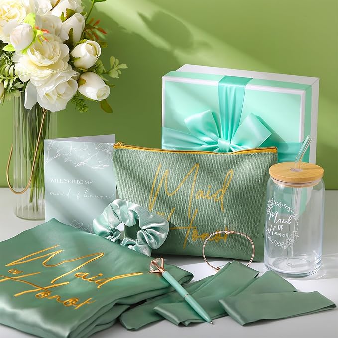 Irenare 8 Pcs Proposal Gifts Set Robes Makeup Bag Cup Cards Hair Tie Bracelet Diamond Pen Bridesmaid Gift Box (Light Green,Maid of Honor)