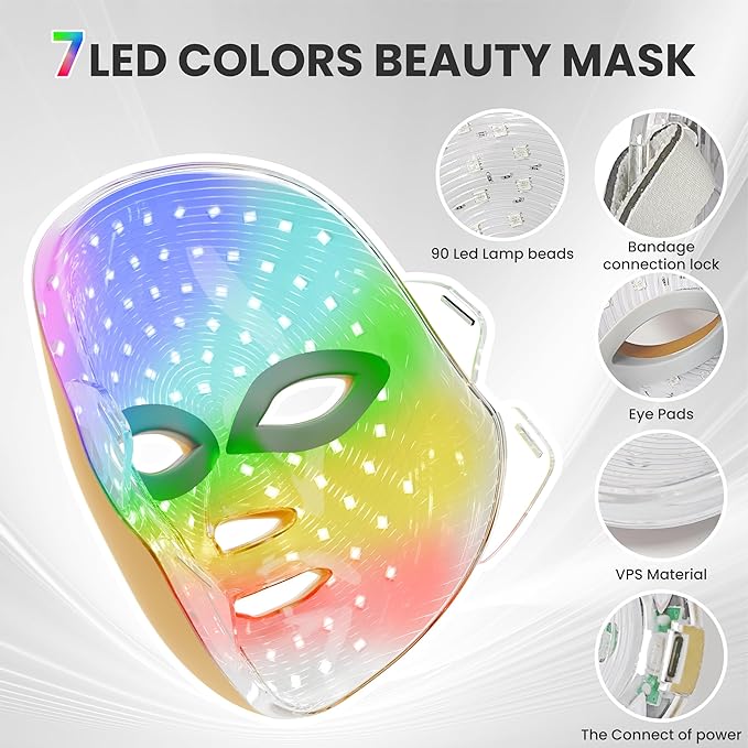 7-1 Colors LED Facial Skin Care Mask,Red Light Therapy Mask for Face, Cordless Led Face Mask Light Therapy,Salon or Home,Golden.