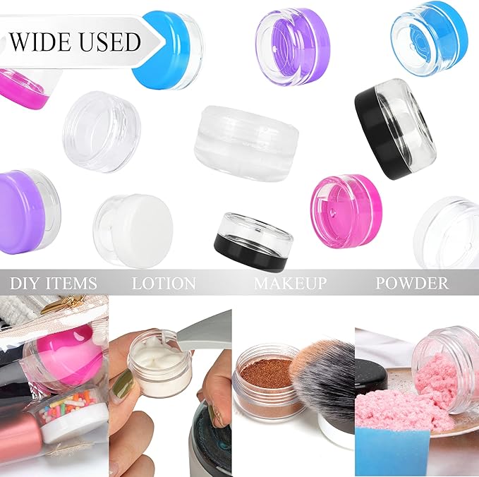 50PCS 3 Gram Sample Containers, 3ml Empty Jars with Lids, Small Cosmetic Containers, Mini Sample Jars with 4PCS Mini Spatulas for Make Up, Oils, Lotion, Powder, Paint, Jewelry, Lip Balms(Pink Lid)
