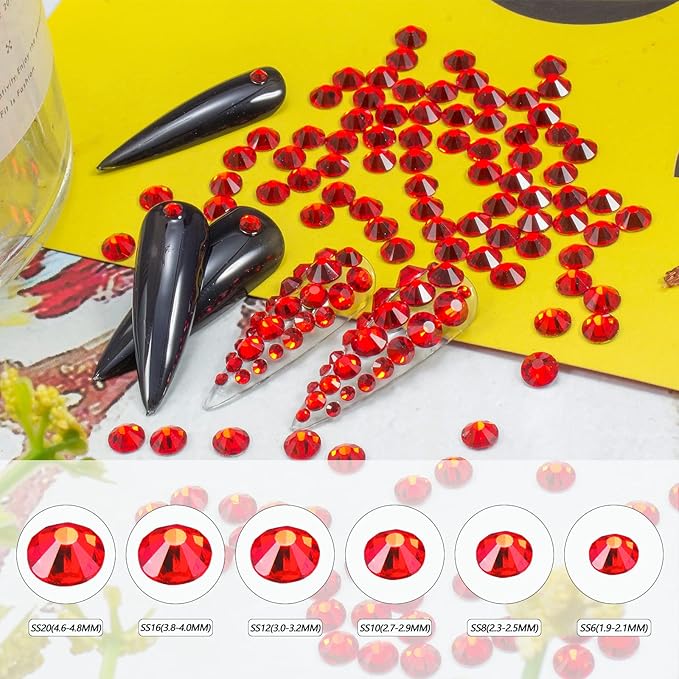 2400 Pcs Nail Art Rhinestones Red Flat Back Rhinestones Gems Round Crystal Siam 6 Sizes (1.9-4.5 mm) Wax Pencil Tweezers for Nail Art Makeup Clothes Shoes Bags Crafts DIY(Red) HUETFAT