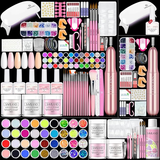 SAVILAND Acrylic Nail Kit with Everything: Professional Nail Kits Acrylic with Everything with Drill Practice Fingers Acrylic Nail Tools for Beginners Professional Home Manicure Christmas Gift Set