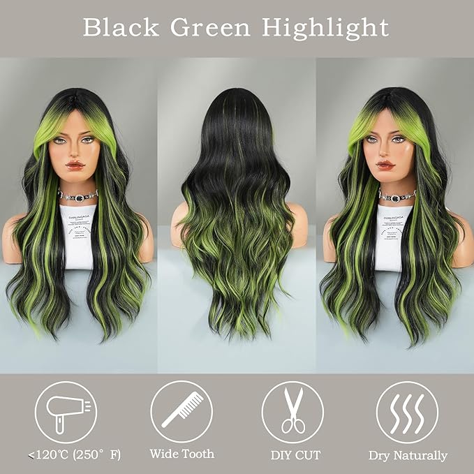 Black Wig Green Highlight Long Wavy Wig with Curtain Bang 26 Inch Ombre Black Green Wig Synthetic Heat Resistant for Women Daily Party used.