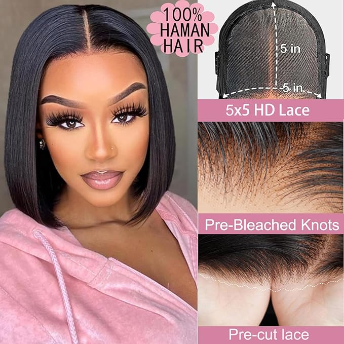 5x5 Hd Lace Closure Wigs Human Hair 250 Density Glueless Wigs, Pre Plucked Bob Wigs For Black Women, 100% Straight Bob Wig Human Hair Free Part, Short Wigs Wear And Go 14 Inch