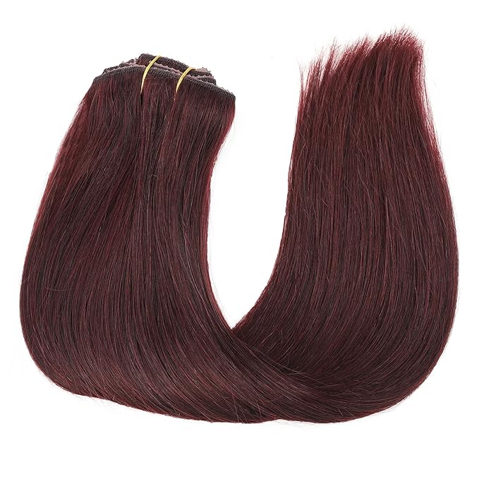 Clip in Real Human Hair Extensions,120g #99j Wine Red Full Head 14inch 8pcs 20clips Straight Human Hair Clip In Extensions for Women Burgundy Red Hair Extensions