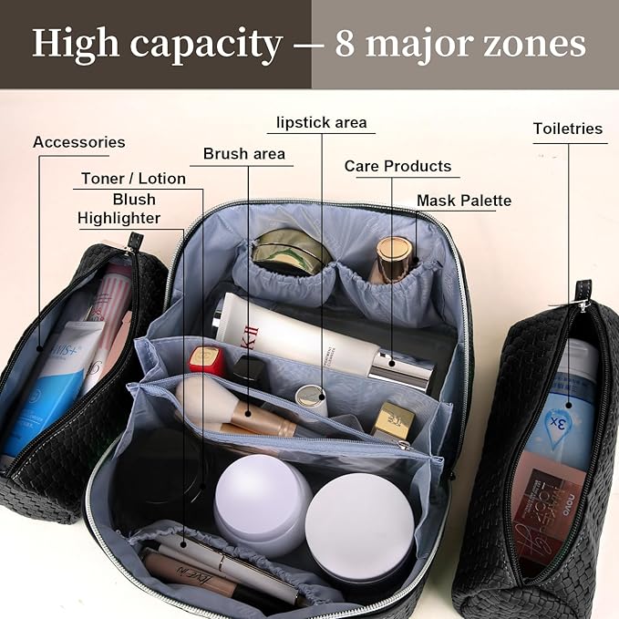 BOYATU Travel Makeup Bags for Women: 3-Set Large Capacity Make up Bags with Compartments - PU Leather Cosmetic Bag for Traveling (L08 Black)